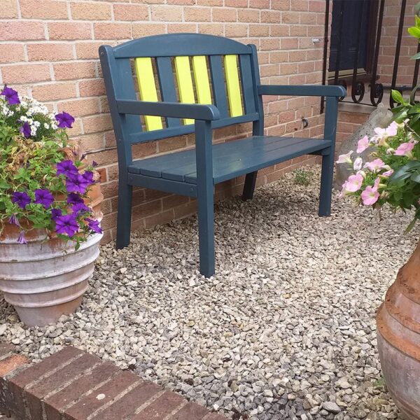 Thorndown-Cavepool-Grey-wood-paint-on-bench-with-Gromwell-Green