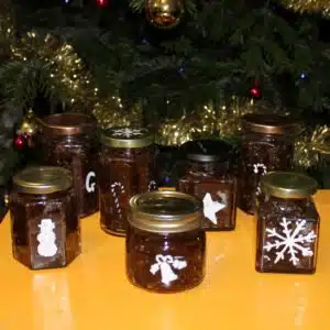 Peelable Glass Paint stencils on chutney glass jars