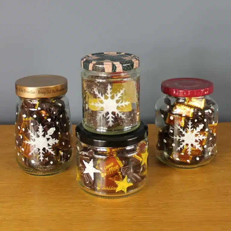 Snow-Flake-Bottle-lights-with-Thorndown-Peelable-Glass-Paint-Christmas-Stencil-Craft-Pack