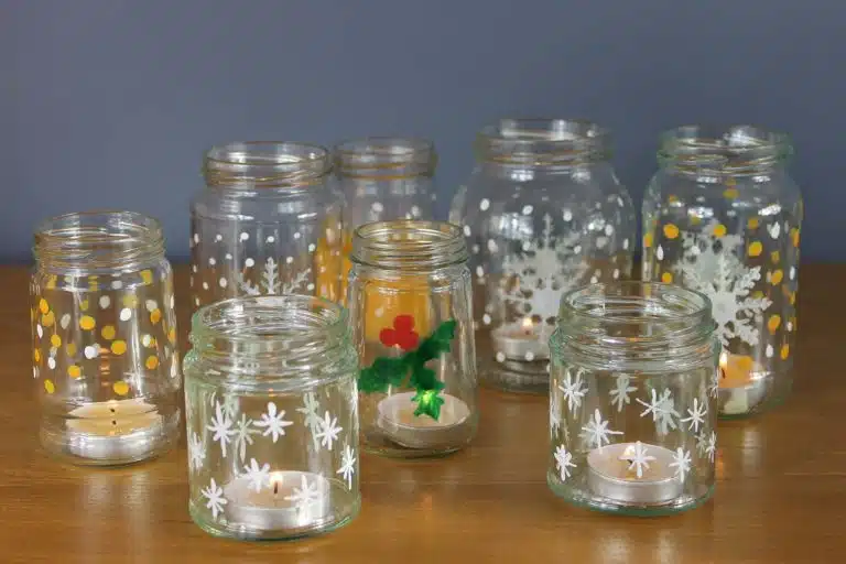 Festive-tea-light-jam-jars-painted-with-Thorndown-Peelable-Glass-Paint