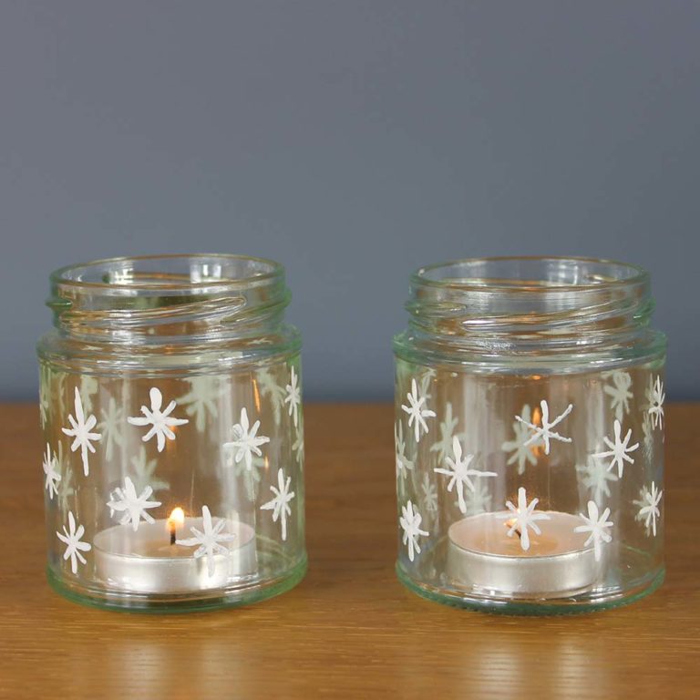 Snowflake-tea-light-jars-painted-with-Thorndown-Peelable-Glass-Paint