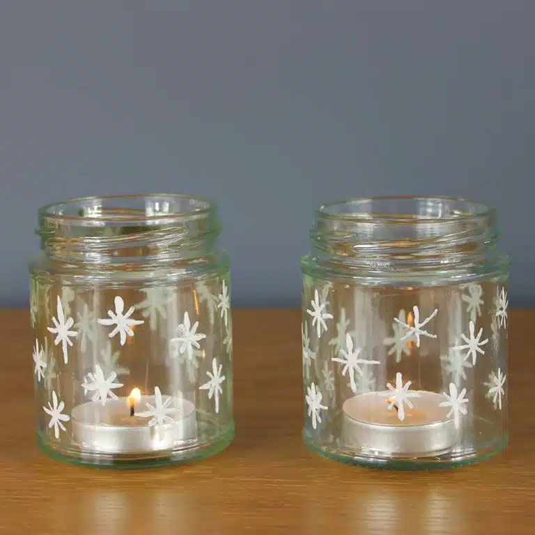 Snowflake-tea-light-jars-painted-with-Thorndown-Peelable-Glass-Paint