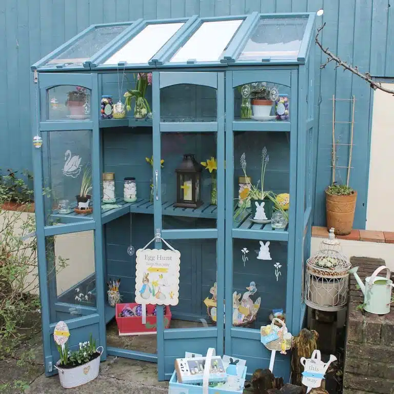 Thorndown-Launcherley-Blue-Wood-Paint-on-Greenhouse