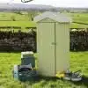 Thorndown-Rhyne-Green-Wood-Paint-Small-Storage-Shed-with-Trug-in-Cow-Parsley-White-and-Ottery-Brown-and-Crates-in-Brue-Blue-and-Launcherley-Blue