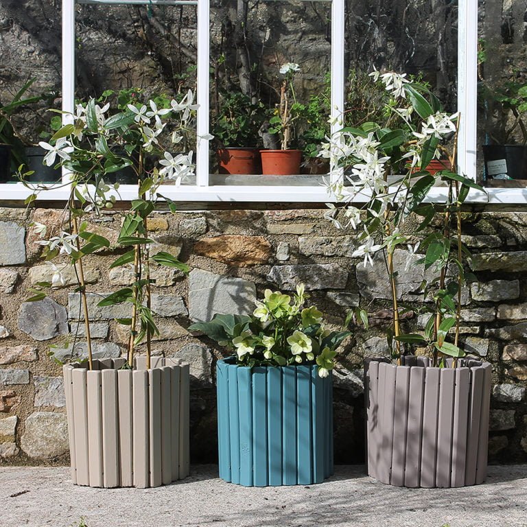 Thorndown-Tor-Stone-Brue-Blue-and-Ottery-Brown-Wood-Paint-on-log-plant-holders