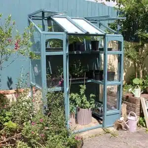 Thorndown-Launcherley-Blue-Wood-Paint-on-Forest-Tall-Wall-Victorian-Greenhouse frames
