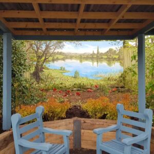 Love-Your-Garden-mural-painted-with-Thorndown-Wood-Paint-and-wood-posts-and-chairs-in-Launcherley-Blue