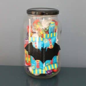 Thorndowns-Peelable-Glass-Paint-Halloween-bat-stencil-on-treat-jar