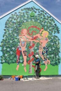 Frank-Harwood-painting-Adam-and-Eve-Glastonbury-mural-with-Thorndown-Wood-Paint