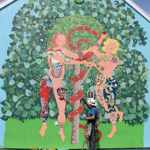 Frank-Harwood-painting-Adam-and-Eve-Glastonbury-mural-with-Thorndown-Wood-Paint