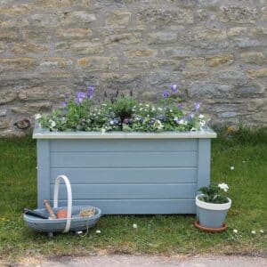 Thorndown-Axe-Blue-Wood-Paint-on-Forest-Cambridge-Planter_trug-and-terracotta-pot-with-Whey-White-rim_s