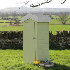 Thorndown-Rhyne-Green-Wood-Paint-on-Small-Storage-Shed-with-Trug-in-Cow-Parsley-White-and-Ottery-Brown