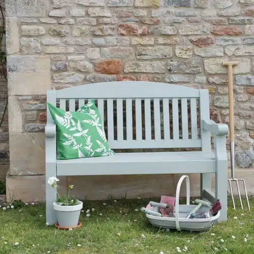 Thorndown-Tree-Lichen-Wood-Paint-on-Forest-Harvington-Bench-with-trug-and-pot-C3s