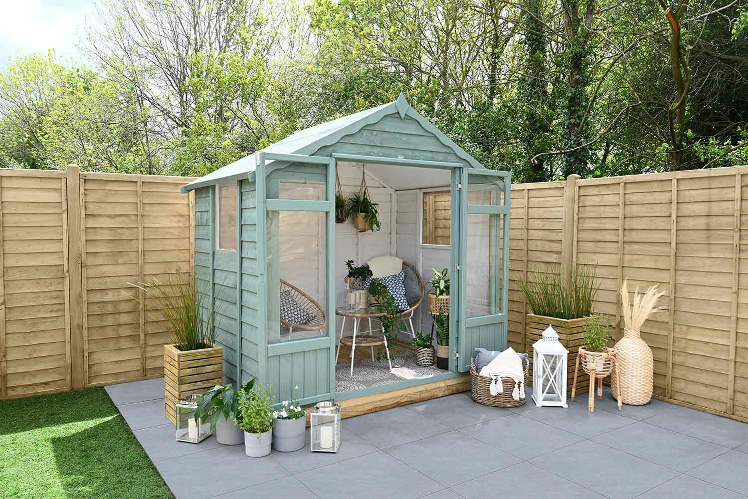 Thorndown-Bullrush-Green-and-RAL-9003-Wood-Paint-on-Oakley-Summerhouse