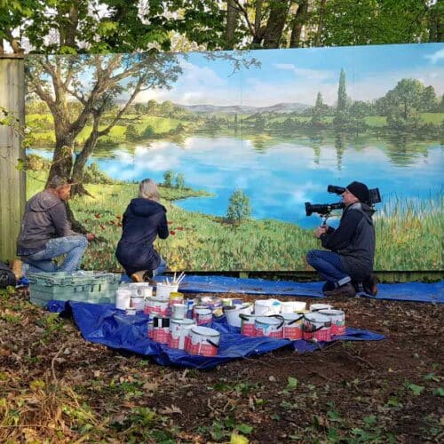 Jon-Minshull-and-Katie-painting-mural-with-Thorndown-Wood-Paint_Love-Your-Garden-Taunton
