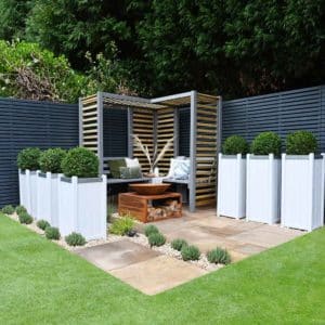 Thorndown-RAL-7037-Dusty-Grey-Wood-Paint-on-Firenze-Corner-Arbour-and-Greymond-on-Slender-Planters