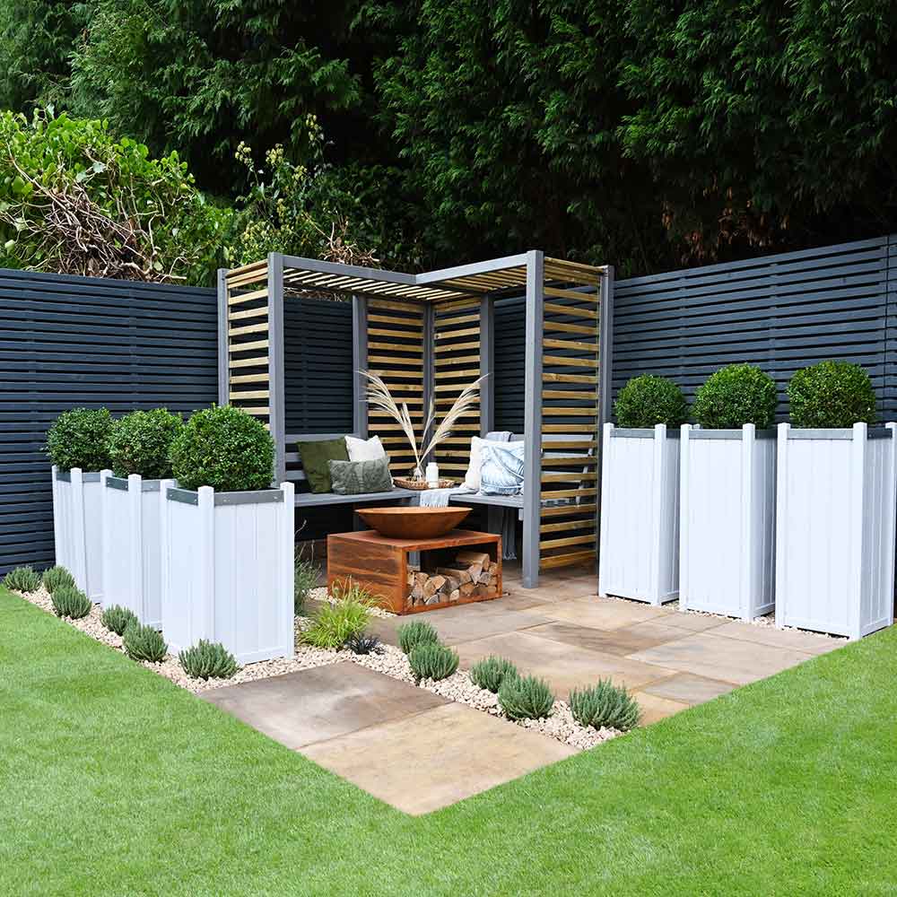 Thorndown-RAL-7037-Dusty-Grey-Wood-Paint-on-Firenze-Corner-Arbour-and-Greymond-on-Slender-Planters