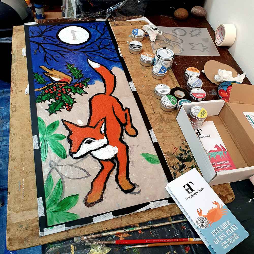 Thorndown-Peelable-Glass-Paint-Advent-Fox-panel-being-painted-3_SMC