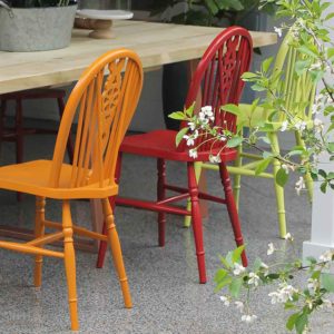 Thorndown-Sundowner-Orange-with-Rowan-Berry-Red-and-Gromwell-Green-Wood-Paint-chairs-Love-Your-Garden-Oxford