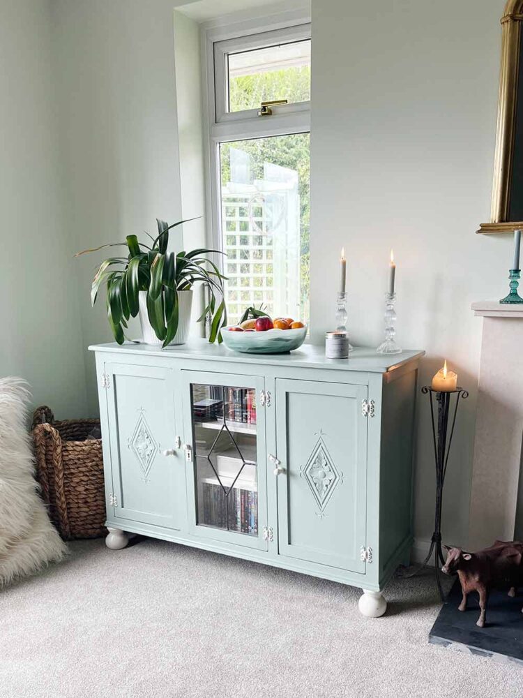 Thorndown-Green-Hairstreak-Wall-Paint-with-Goddess-Green-Wood-Paint-sideboard