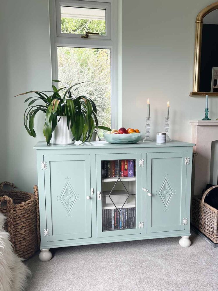 Thorndown-Green-Hairstreak-Wall-Paint-with-sideboard-in-Goddess-Green-Wood-Paint