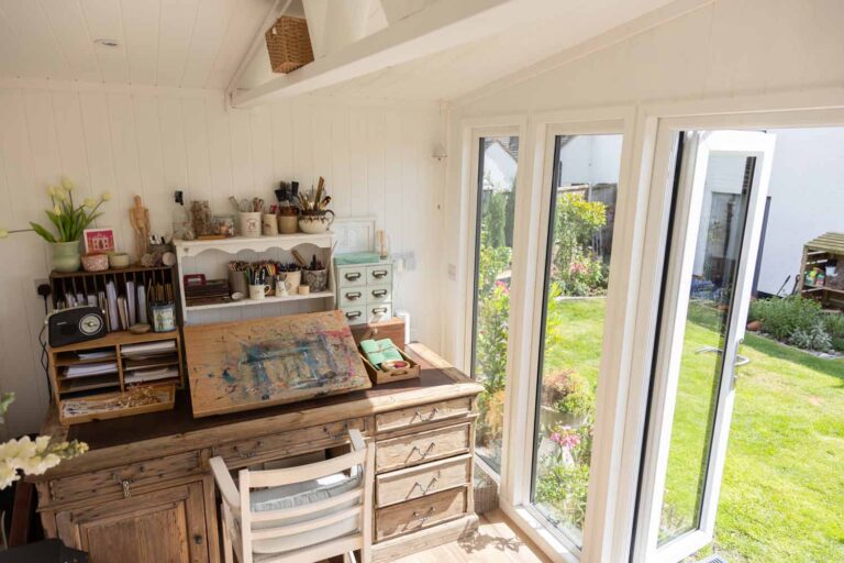 Thorndown-Whey-White-Wood-Paint-on-Roundpeg-Outdoor-Buildings-shed-interior