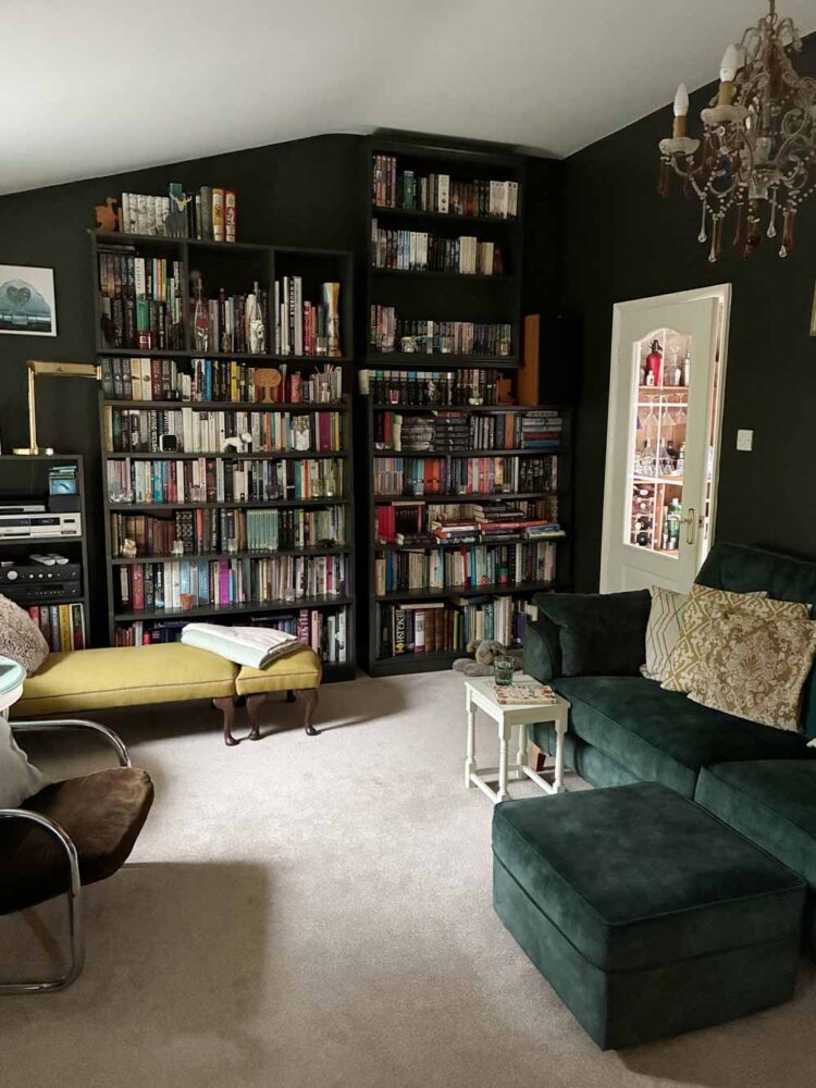 Thorndown-Yew-Green-Wall-Paint-with-Swan-White-ceiling-Yew-Green-Wood-Paint-shelves-and-Green-Hairstreak-side-table