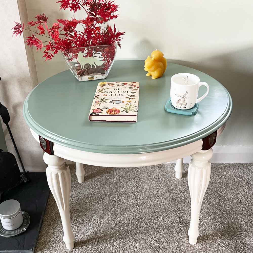 Thorndown-Bullrush-Green-and-Cow-Parsley-White-Wood-Paint-on-coffee-table