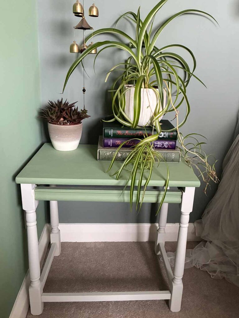 Thorndown-Reed-Green-and-Greymond-Wall-Paint-on-table-with-Reed-Green-and-Old-Sage-Green-walls