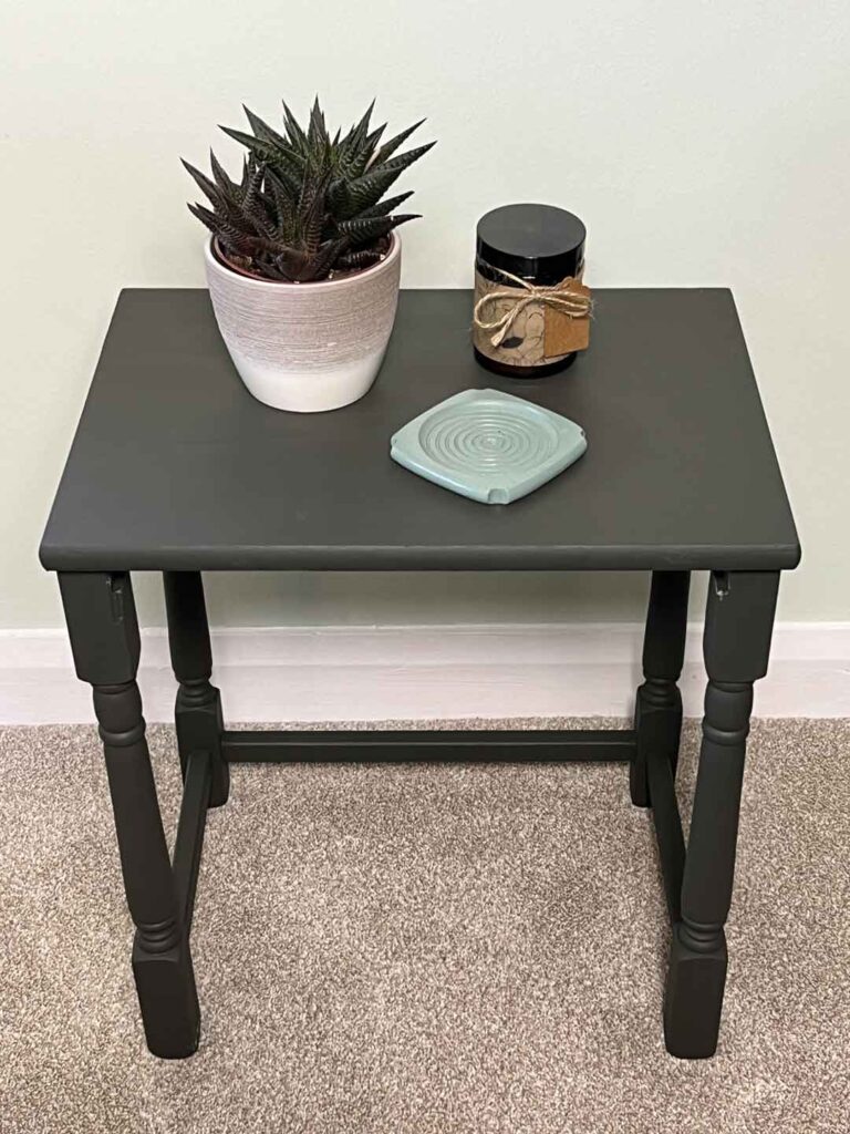 Thorndown-Yew-Green-Wall-Paint-on-table-and-Green-Hairstreak-wall