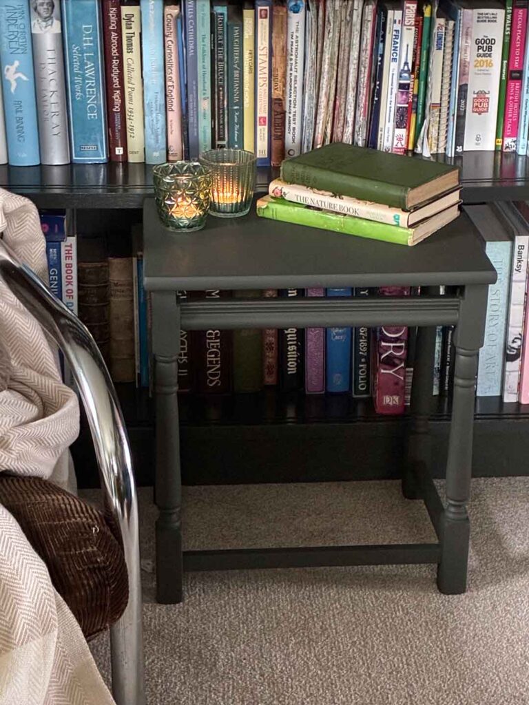 Thorndown-Yew-Green-Wall-Paint-on-table-and-Wood-Paint-on-shelves